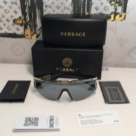 New Versace™ VE2197 Shield Sunglasses – Gold Frame / Grey Mirror Lenses - Picture 11 of 11